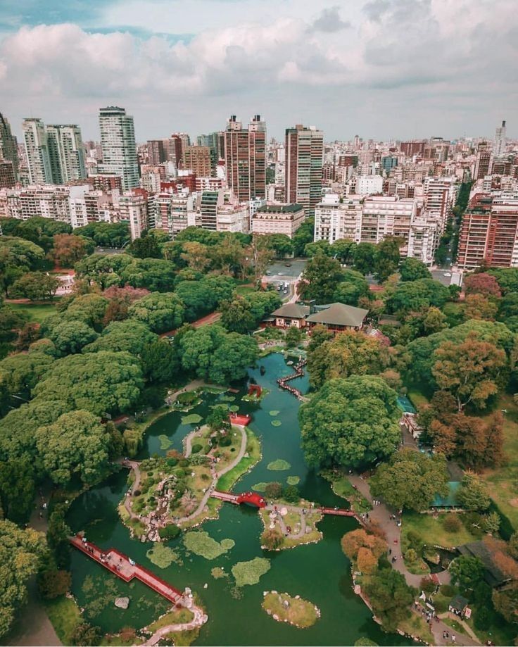Aerial view of Japanese Garden with lake and bridges
